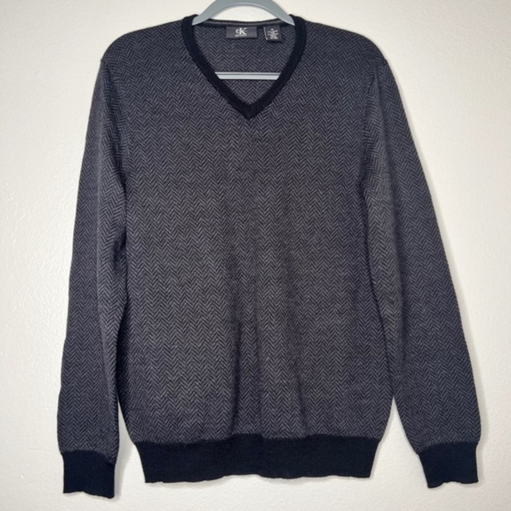 Calvin Klein‎ Mens V-Neck Herringbone Sweater Merino Wool Blend Charcoal Grey M